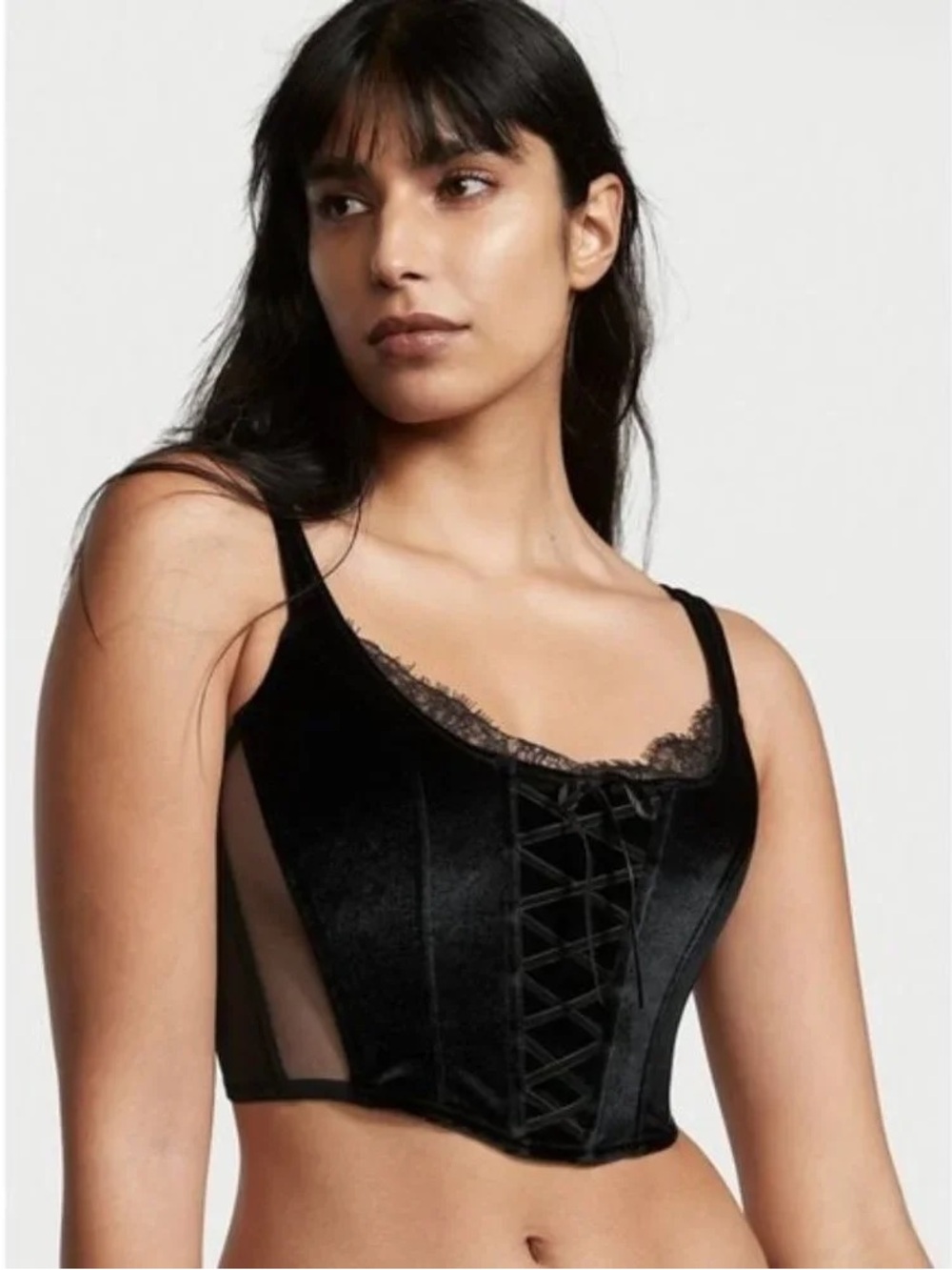 Victoria's Secret M Unlined Lace-Up Corset Top Dream Angels Black Satin